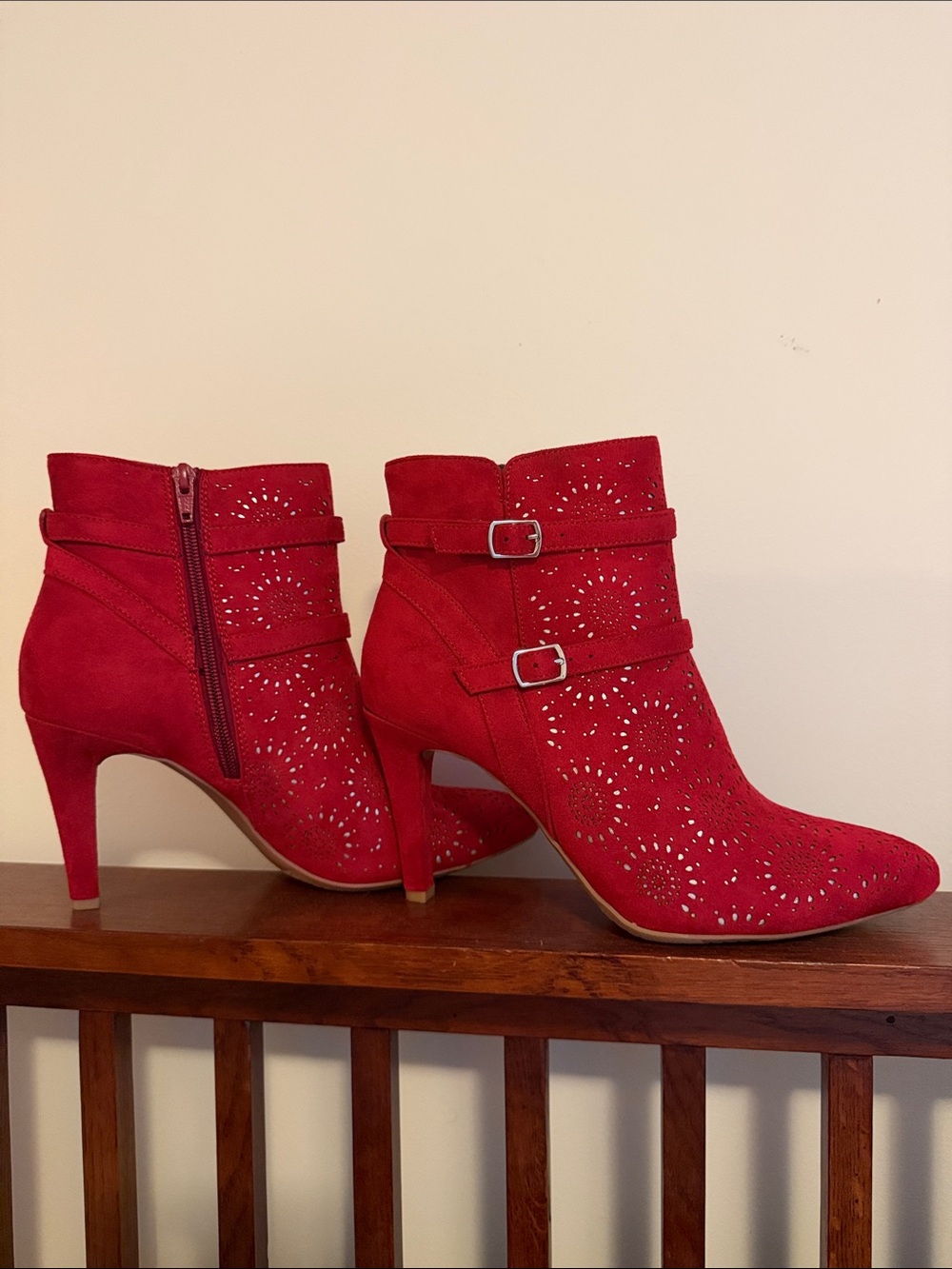 Rialto Red Suede Laser-Cut Ankle Booties with Buckle Straps